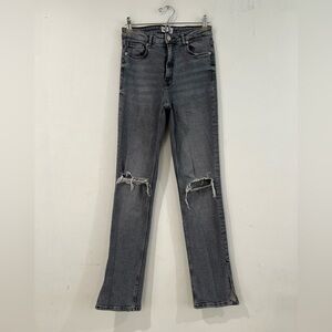 Zara gray semi-flared denim  ripped knee pants with a zip bottom cut 6
